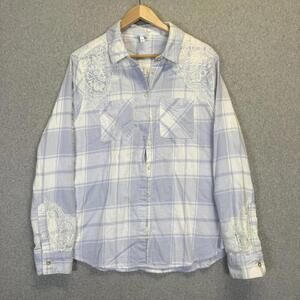 Shyanne Women's Size XL White Blue Embroidered Western Button Down Shirt Top